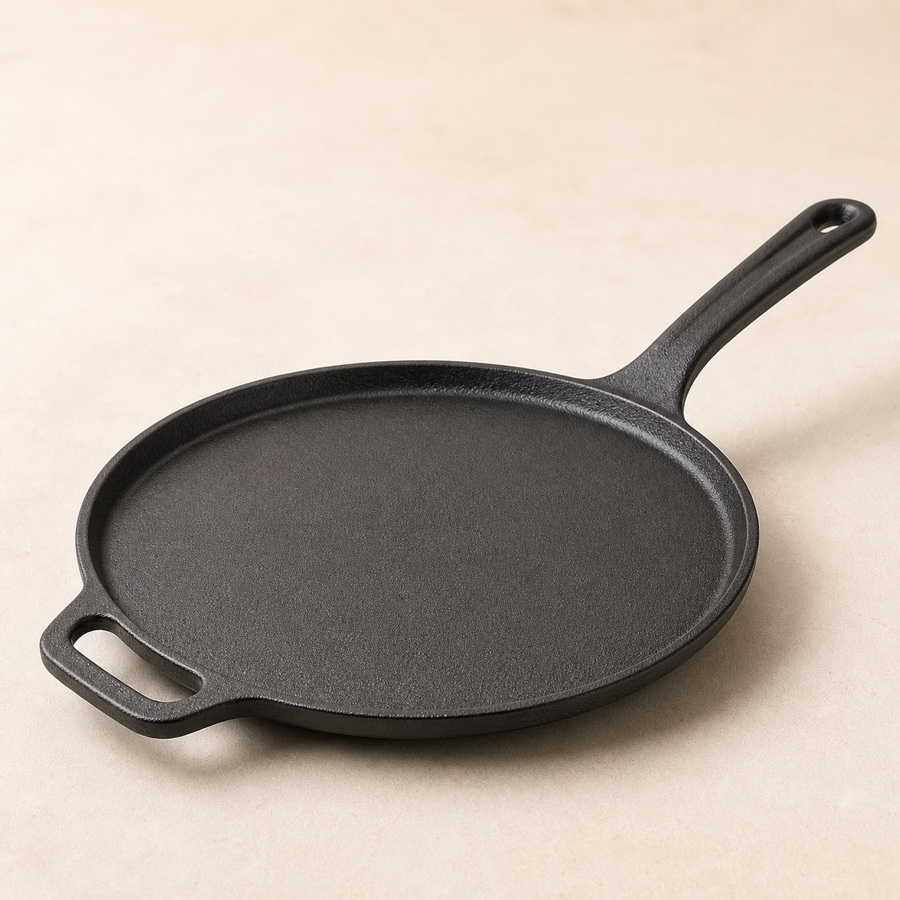 Kyyte Pre-Seasoned Cast Iron Flat Tawa with Long & Side Handle 28 CM