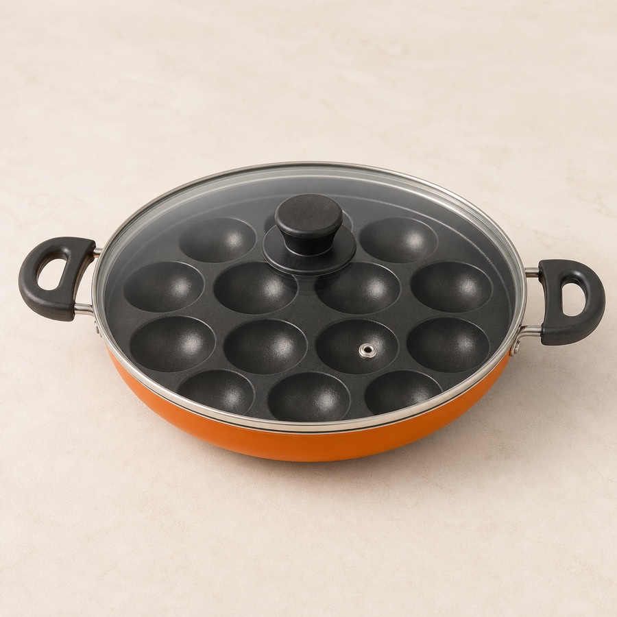 Orange Jumbo Appam Patra with Glass Lid 12 BOWL