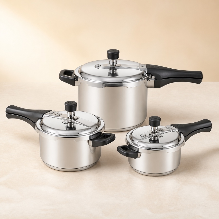 Orange Triply Stainless Steel Pressure Cooker Trio Combo Pack (5 + 3 + 2 Ltr)